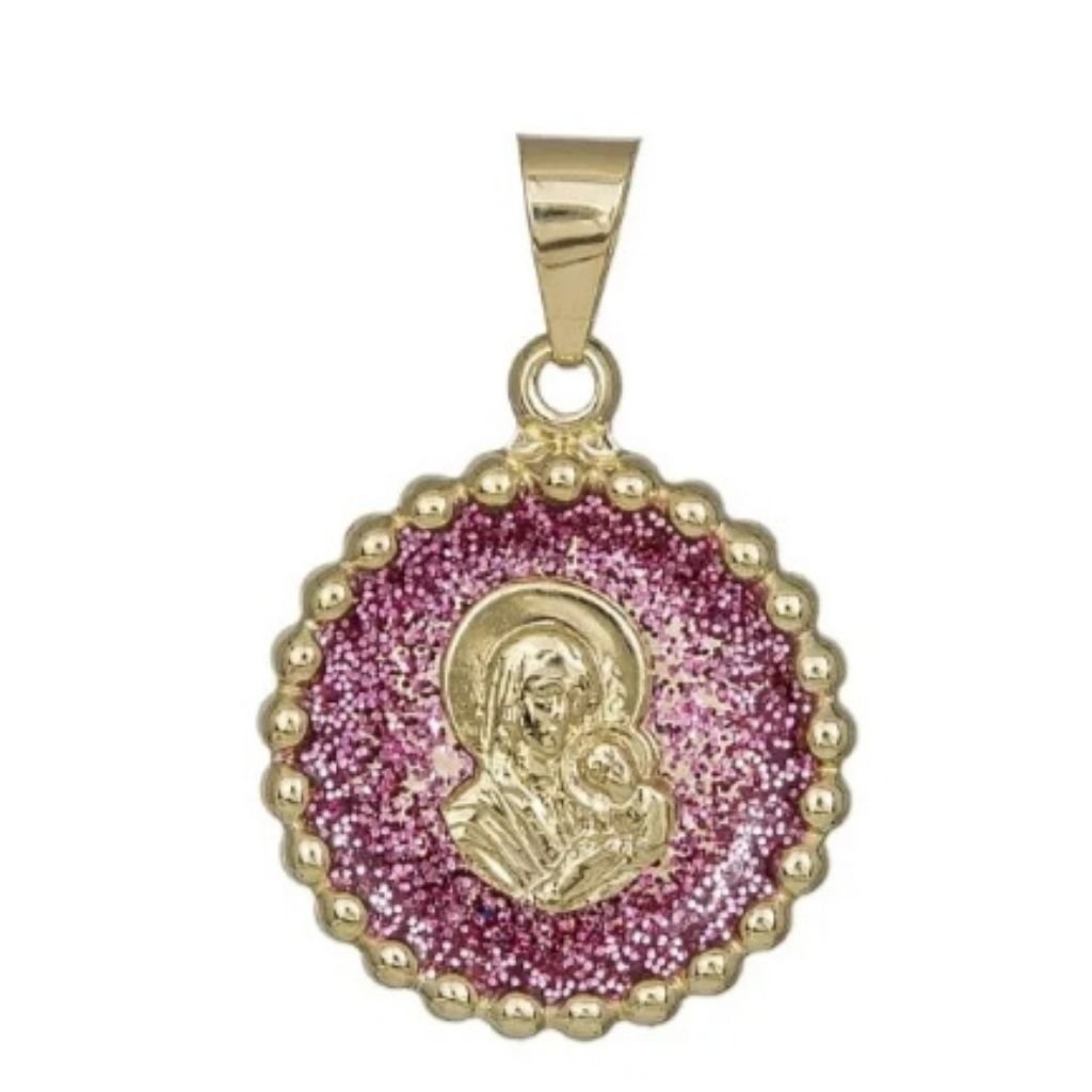 Φυλαχτό χρυσό 9Κ Παναγία με ροζ σμάλτο & πλεκτή μπορντούρα