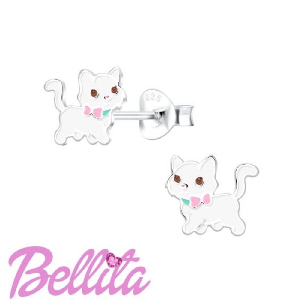 Παιδικά Καρφωτά Σκουλαρίκια Bellita Γατούλα – Ασήμι 925 με Ροζ Φιογκάκι