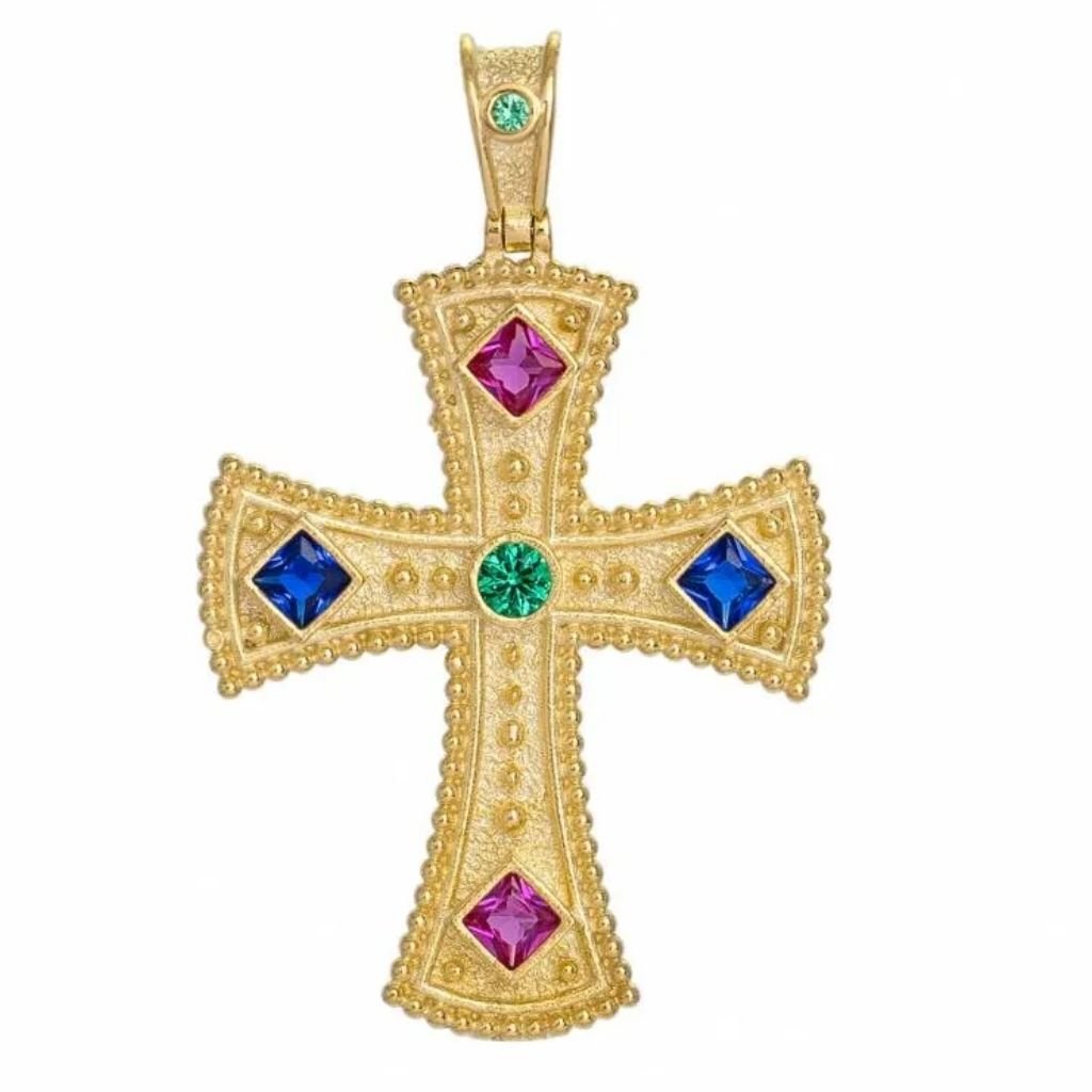 Βυζαντινός Χρυσός Σταυρός 14 Καρατίων με Πολύχρωμες Πέτρες