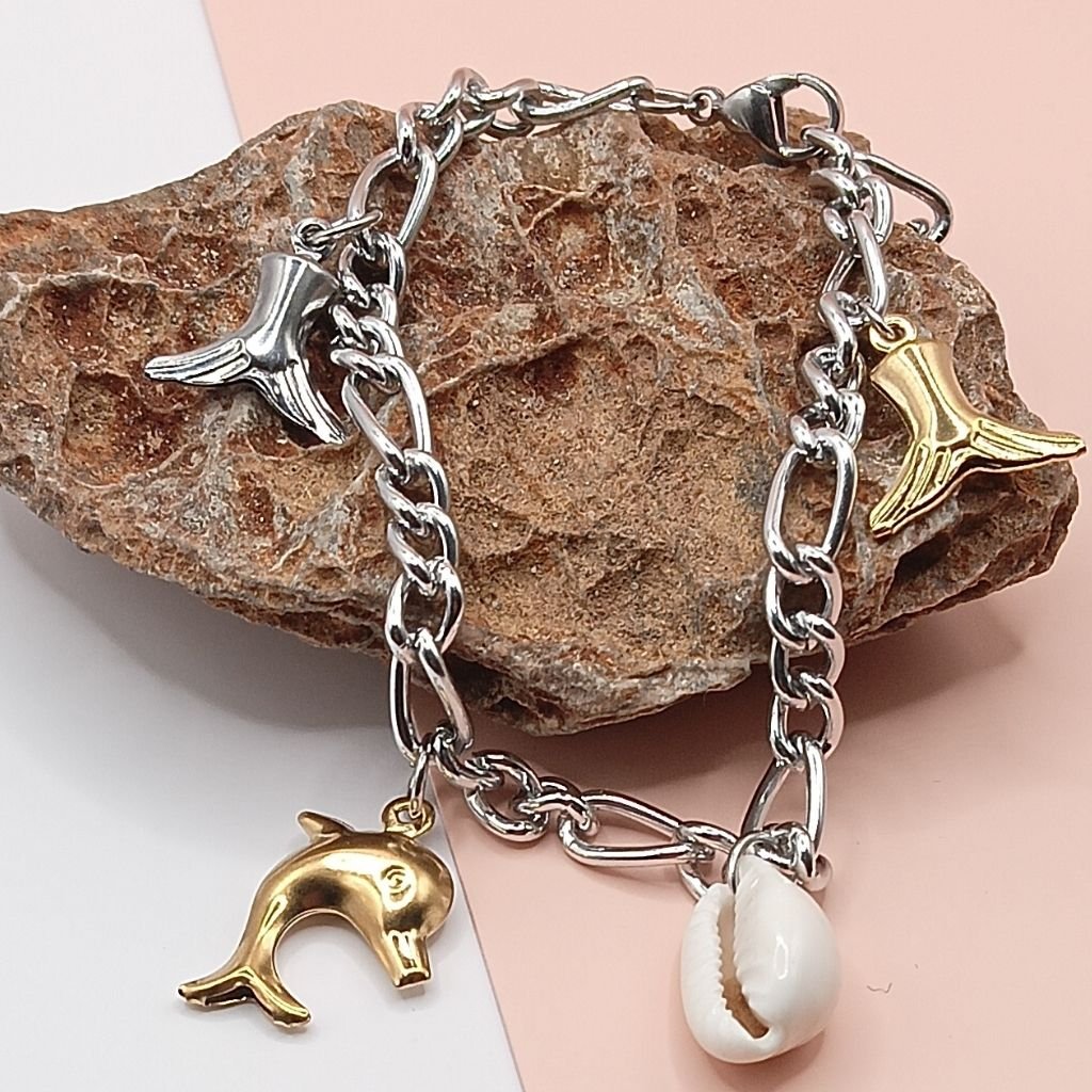 Ατσάλινο βραχιόλι με charms δελφίνι, κοχύλι & ουρές γοργόνας - Image 2