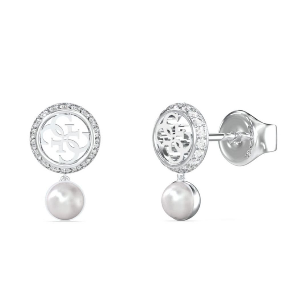 Guess Σκουλαρίκια Ατσάλινα Ασημί με Πέρλα & Λογότυπο