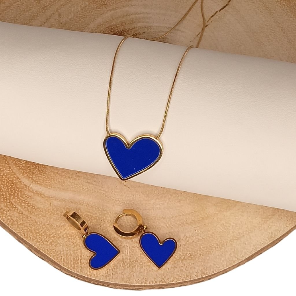 Ατσάλινο Σετ Κολιέ & Σκουλαρίκια Καρδιά με Μπλε Σμάλτο - Image 3