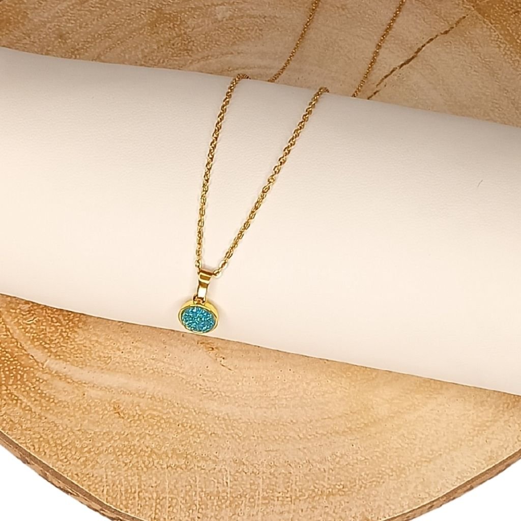 Ατσάλινο Κολιέ με Στρογγυλό Μοτίφ Druzy (Μπλε ή Τιρκουάζ) - Image 2