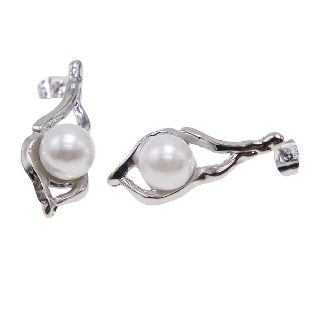 Ατσάλινα Σκουλαρίκια Ασημί με Πέρλα – Κυματιστό Σχέδιο