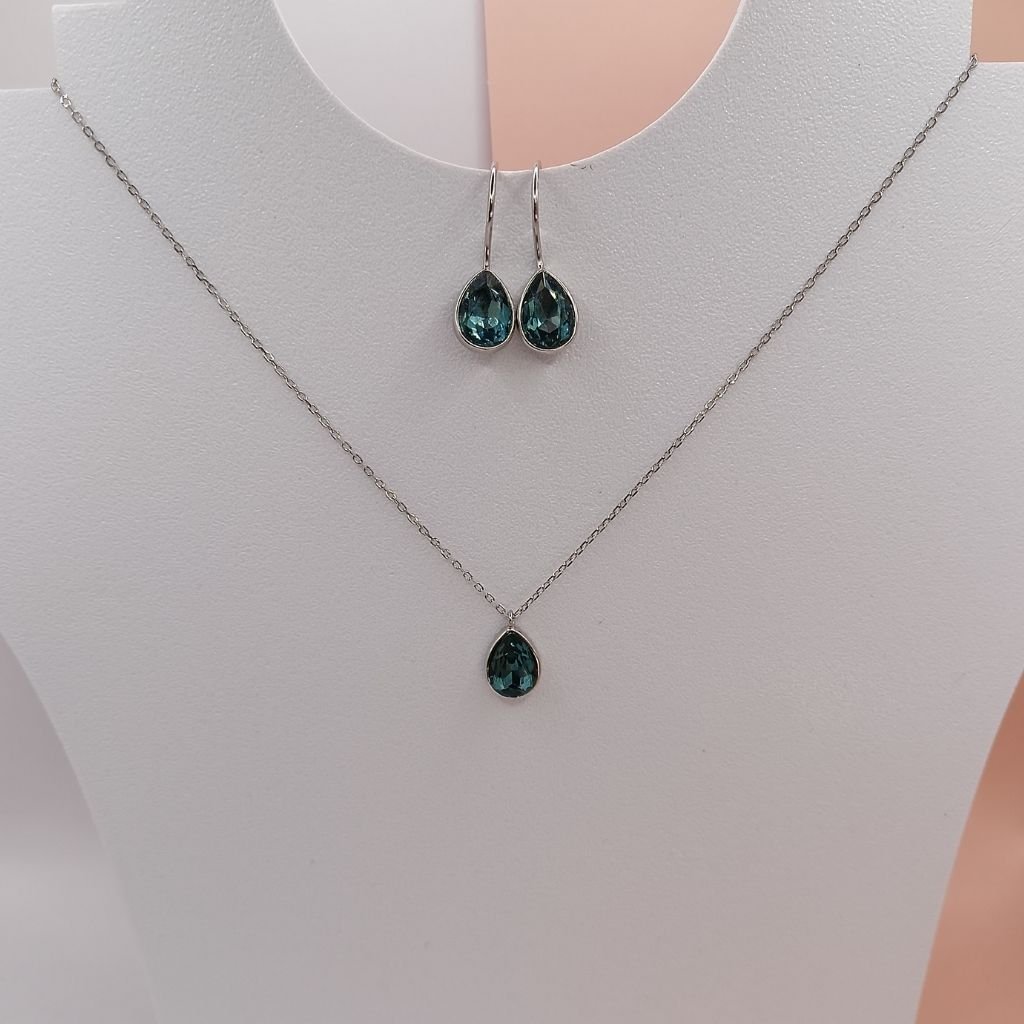 Σετ Κολιέ & Σκουλαρίκια Ασήμι 925 με Δάκρυ Πράσινη Πέτρα - Image 2