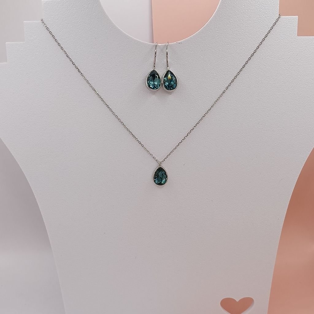 Σετ Κολιέ & Σκουλαρίκια Ασήμι 925 με Δάκρυ Πράσινη Πέτρα