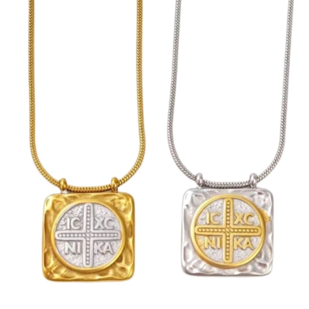 Ατσάλινο Κολιέ με Τετράγωνο Μενταγιόν IC XC NIKA