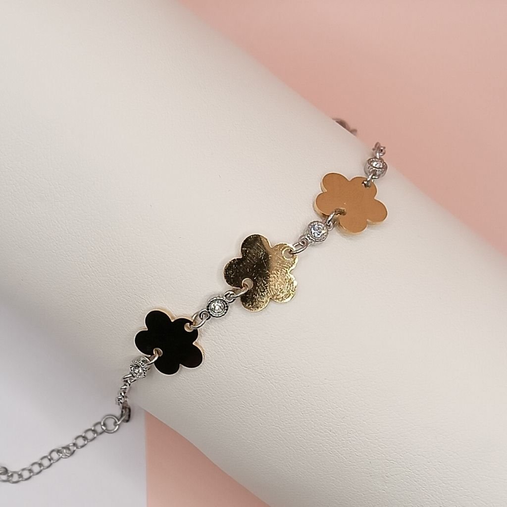 Ατσάλινο Βραχιόλι Διχρωμία με Τριφύλλια & Ζιργκόν - Image 2