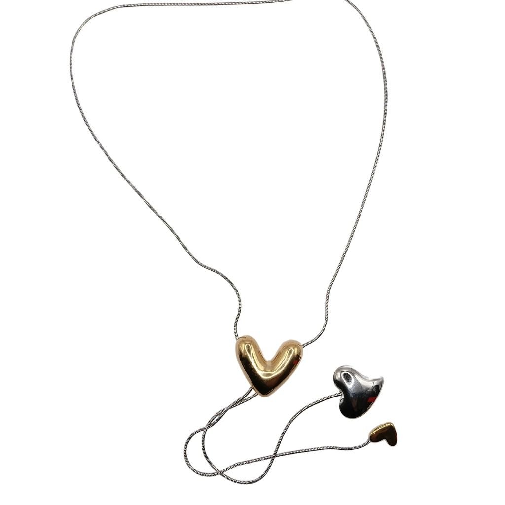 Κολιέ Γραβάτα Ατσάλι Διχρωμία με Καρδιές - Image 2