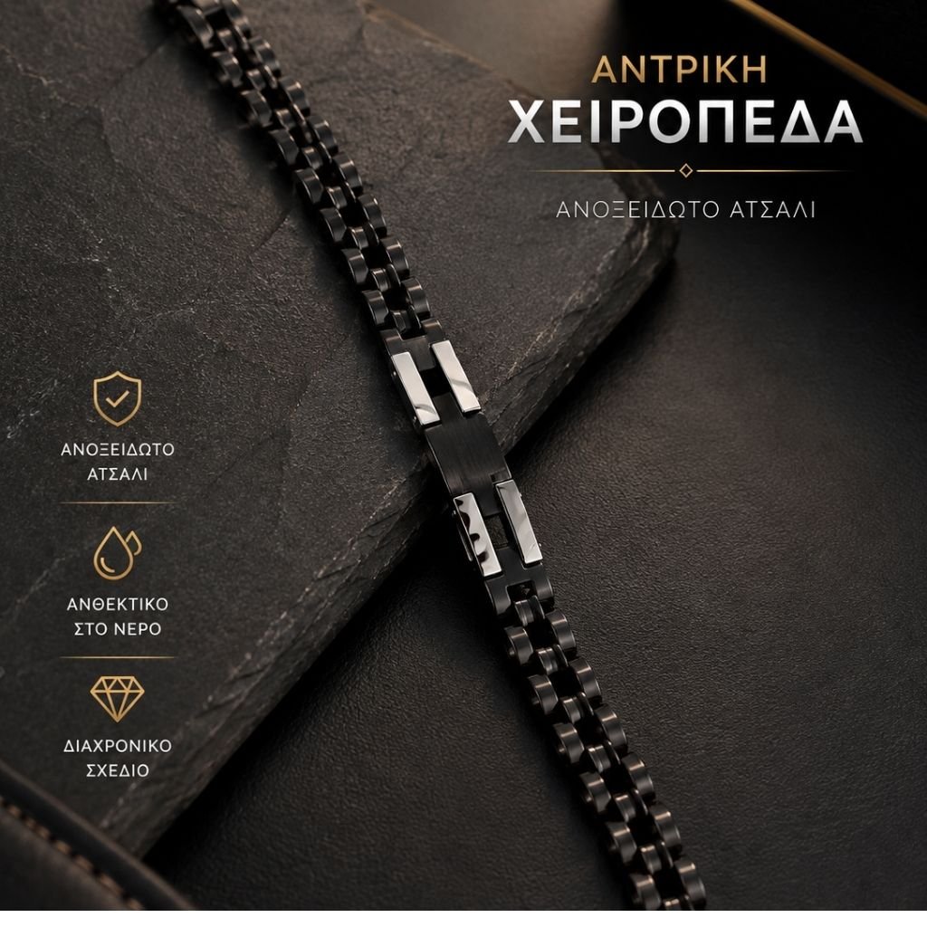 Ανδρική Ατσάλινη Χειροπέδα Μαύρη με Ασημί Λεπτομέρειες