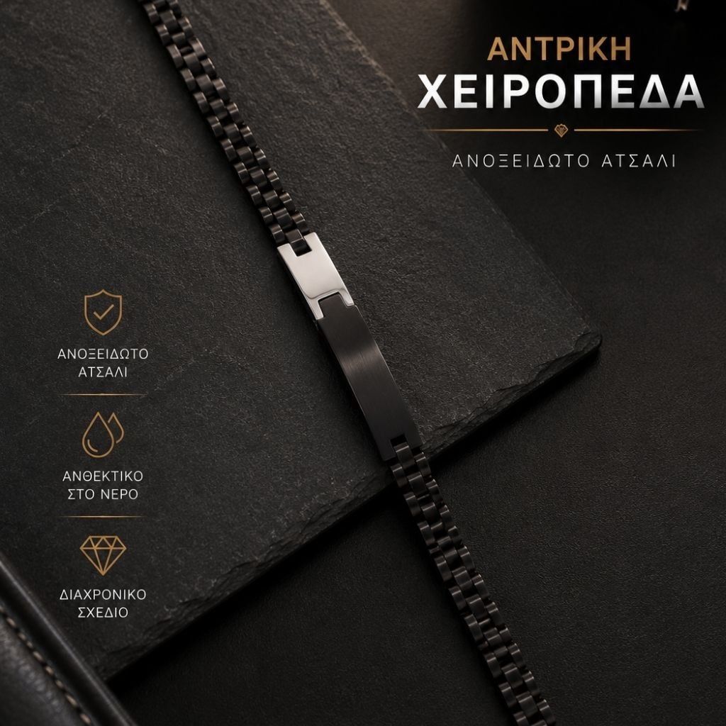 Ανδρική Ατσάλινη Χειροπέδα Μαύρη με Ασημί Λεπτομέρεια