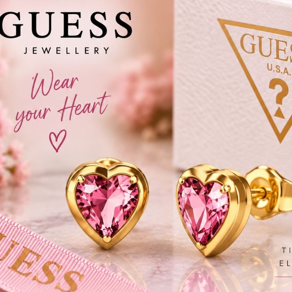 GUESS STEEL CRYSTAL LOVE JUBE06361JWYGPKT/U Σκουλαρίκια Χρυσές Καρδιές Με Ροζ Πέτρες