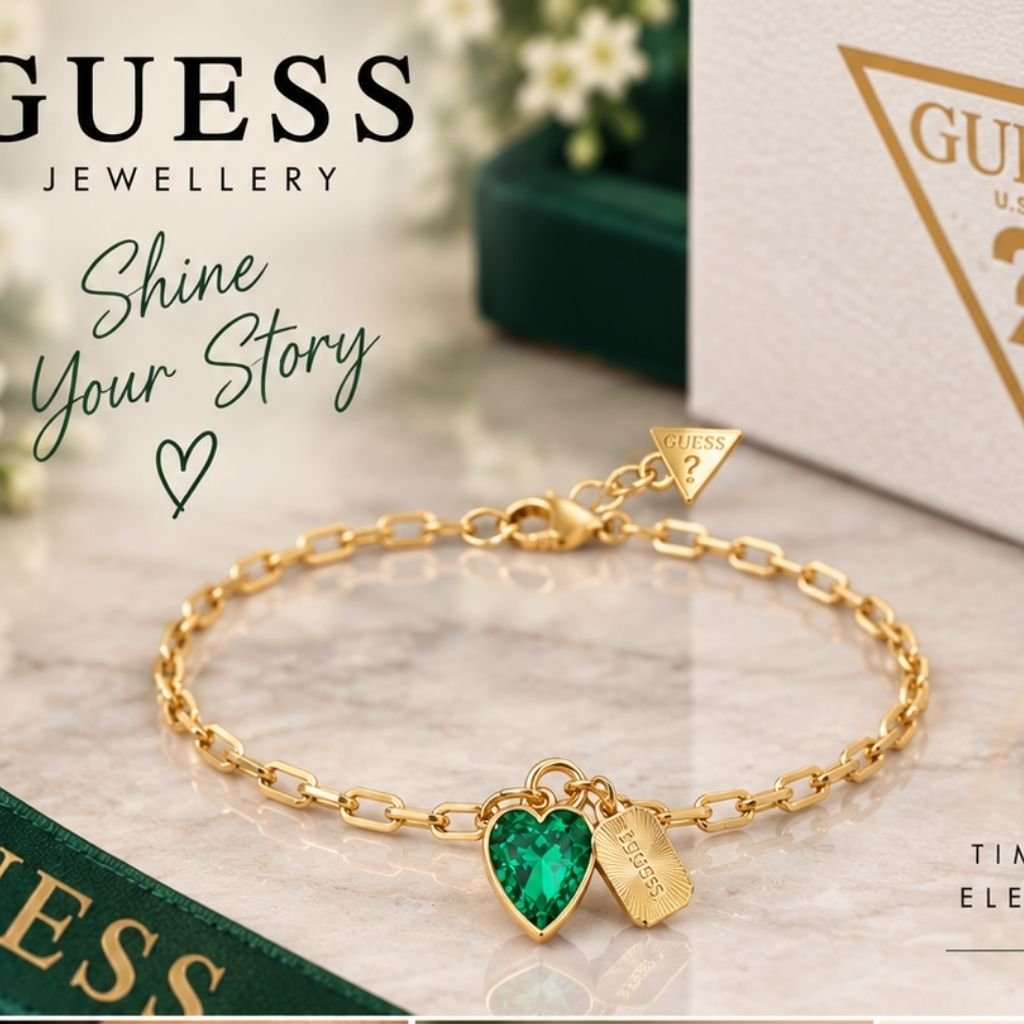 💚 Βραχιόλι Guess Χρυσόχρωμο με Πράσινη Καρδιά