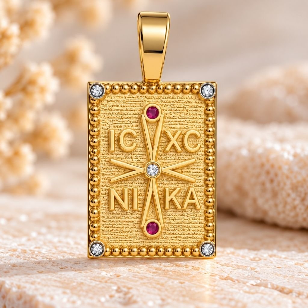 Φυλαχτό χρυσό & λευκόχρυσο 9Κ Παναγία & IC XC NIKA με ζιργκόν - Image 2